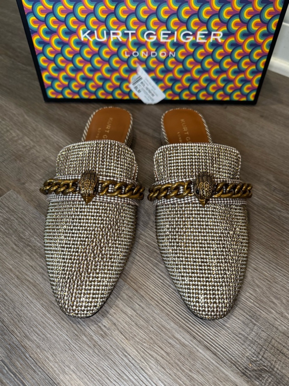 Kurt Geiger Chelsea Flat Beige Houndstooth Chain Hardware Mules